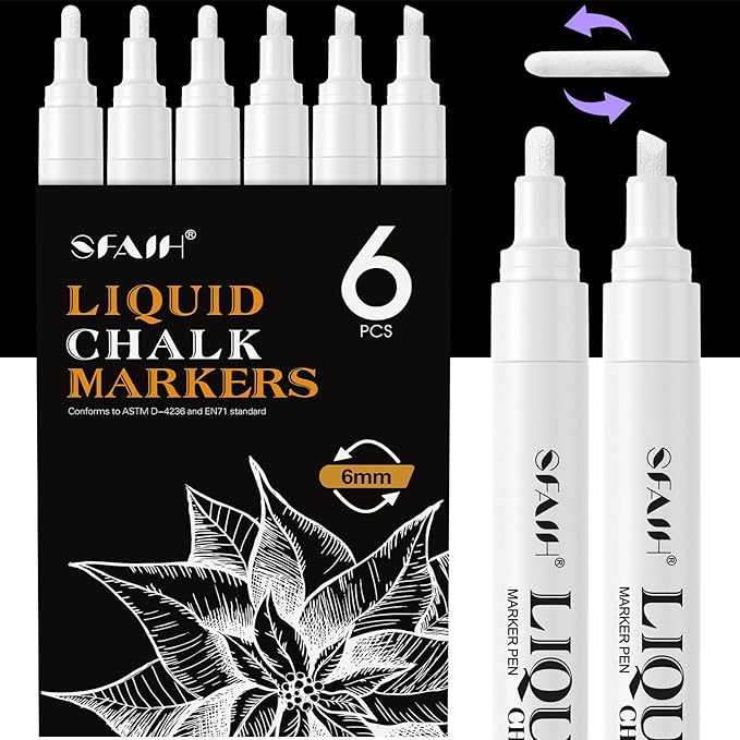 SFAIH Liquid Chalk Markers for Bhalkboard - White 6 Pack 6mm Reversible Tip, Wet Erase Chalk Marker for Chalkboard, Menu, Bistro, Signs, Windows, Glass, Labels, Dust-Free [1s Wet Wipe] - No Residue