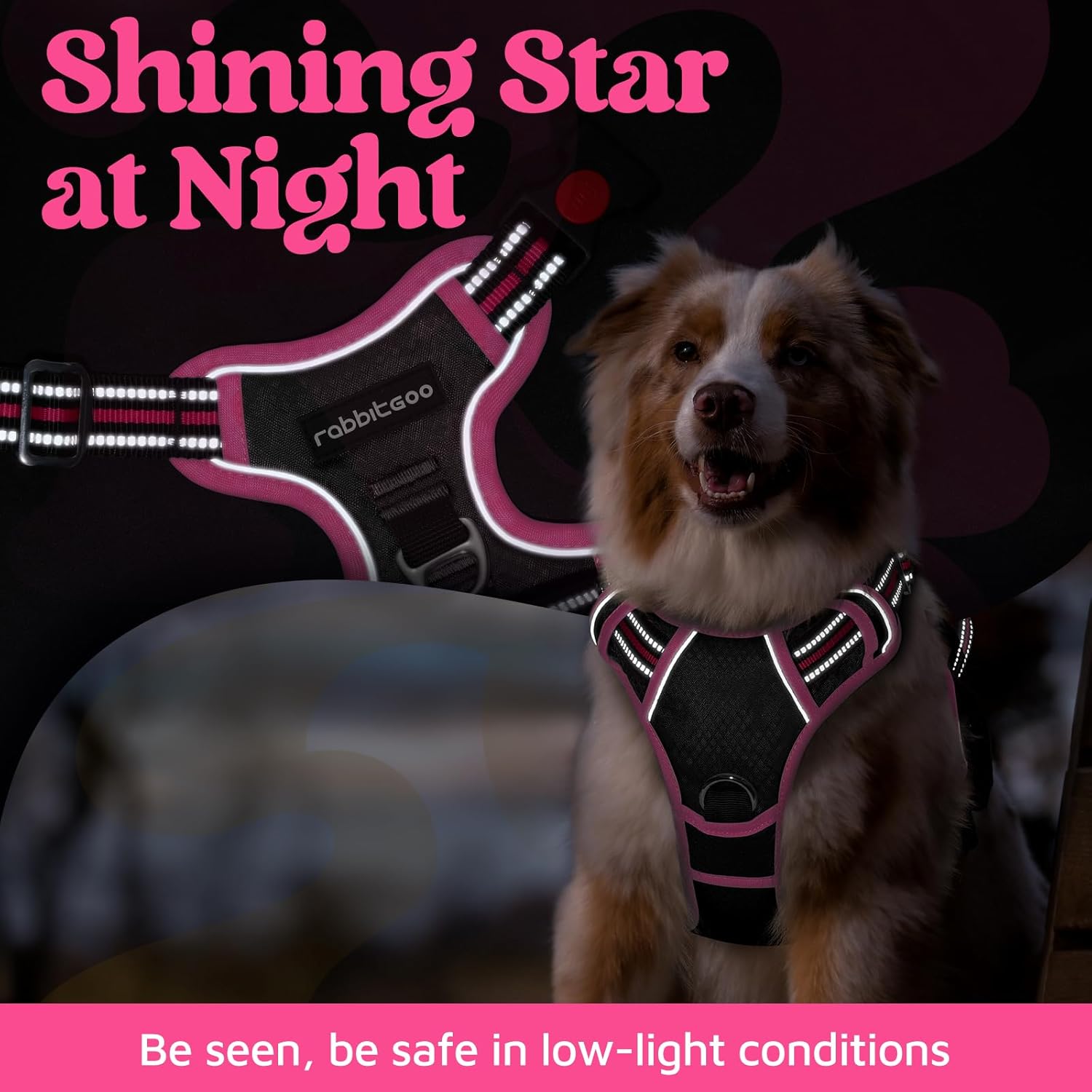 rabbitgoo Dog Harness Medium Sized, No Pull Dog Vest with 3 Buckles, Adjustable Soft Padded Pet Harness with Easy Control Handle and Reflective Strips, Black & Rose Pink, M