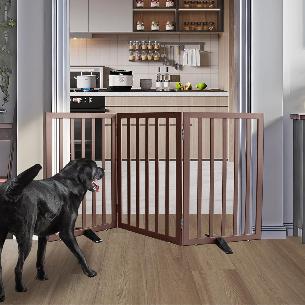 ZJSF Freestanding Indoor Dog Gate for House Foldable Wood Puppy Gate for Doorways Pet Gate for Stairs Extra Wide Pet Fence, Brown, 32" Height 3 Panels