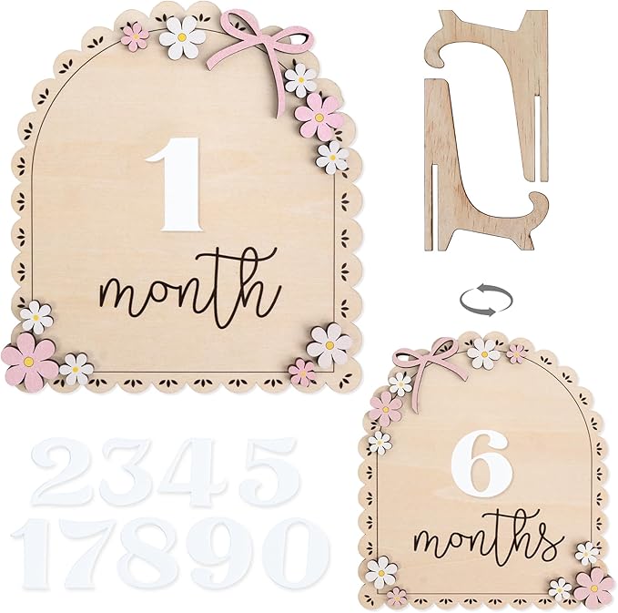 Baby Monthly Milestone Wooden Sign with Numbers and Stand – Natural Wood Milestone Board for Newborn Monthly Growth Photos – Cute 3D Flowers Photo Prop for Baby Milestone Memories (Daisy)