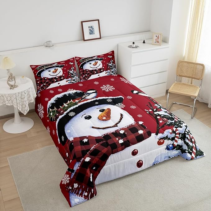 Feelyou Kids Christmas Theme Decorations Bedding Set Xmas Snowman Comforter Set for Boys Girls Snowflake Kawaii Cute Comforter Red Quilt Set Bedroom Collection Twin Size