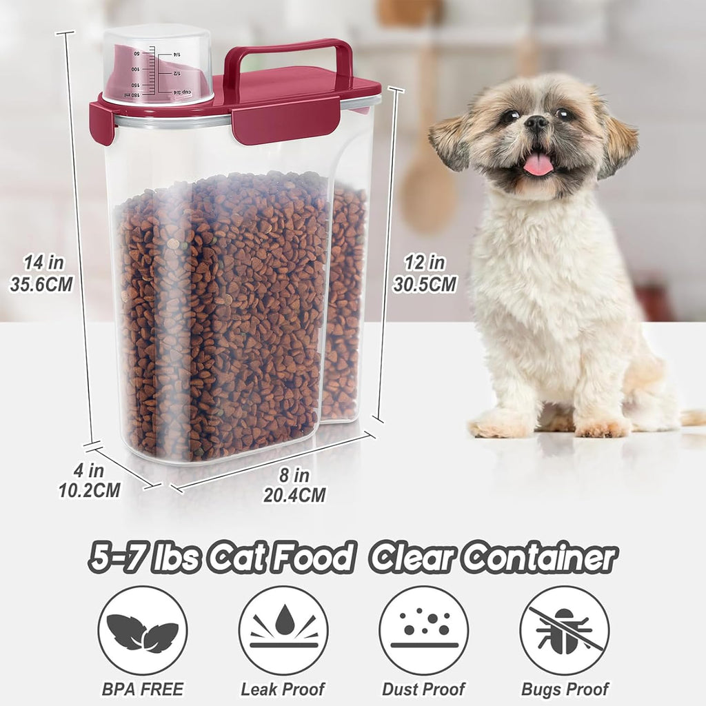 5-7Lbs Dog Cat Food Storage Container with Upgraded Large Nozzle BPA-free, 4 Snap Seals Plastic Pet Food Storage Containers with Handles (2, Gray Blue + Red, 5L)