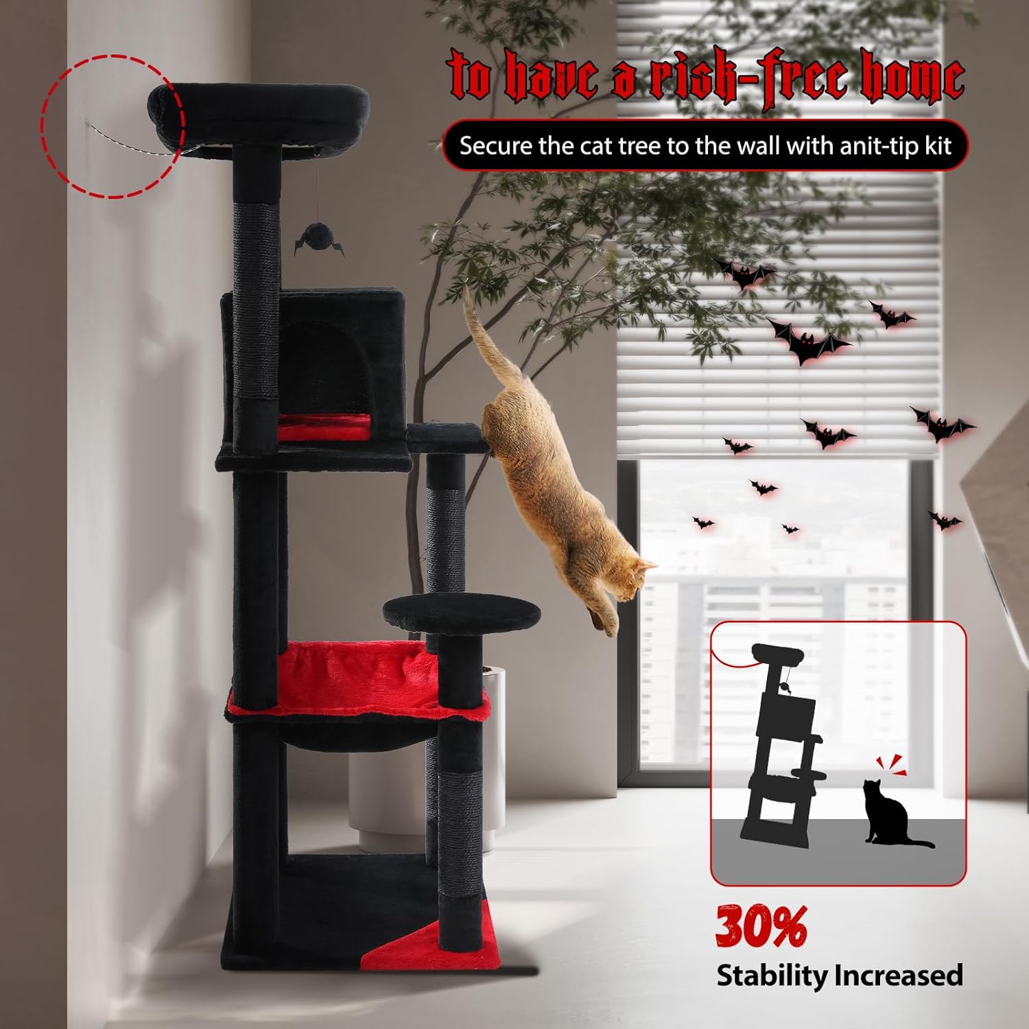 PETEPELA 56.3" Gothic Cat Tree for Indoor Cats, Tall Cat Tower with Super Large Hammock (20"X16"), Sisal Covered Scratching Posts, Cozy Condo and Top Perch Black