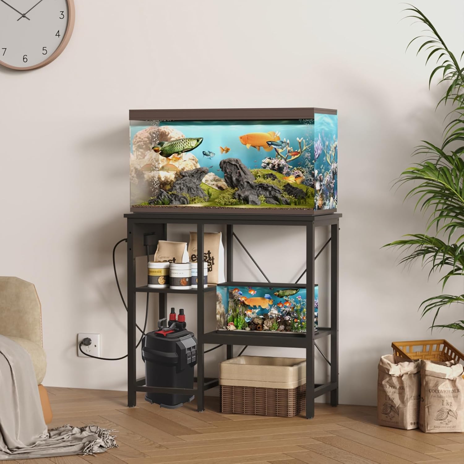 20-29 Gallon Fish Tank Stand with Power Outlet & LED Light, Metal Aquarium Stand with 3 Tier Adjustable Storage Shelves, Tank Stand for Reptile Tank, Turtle Tank, 30.7" L*13.8" W, Black