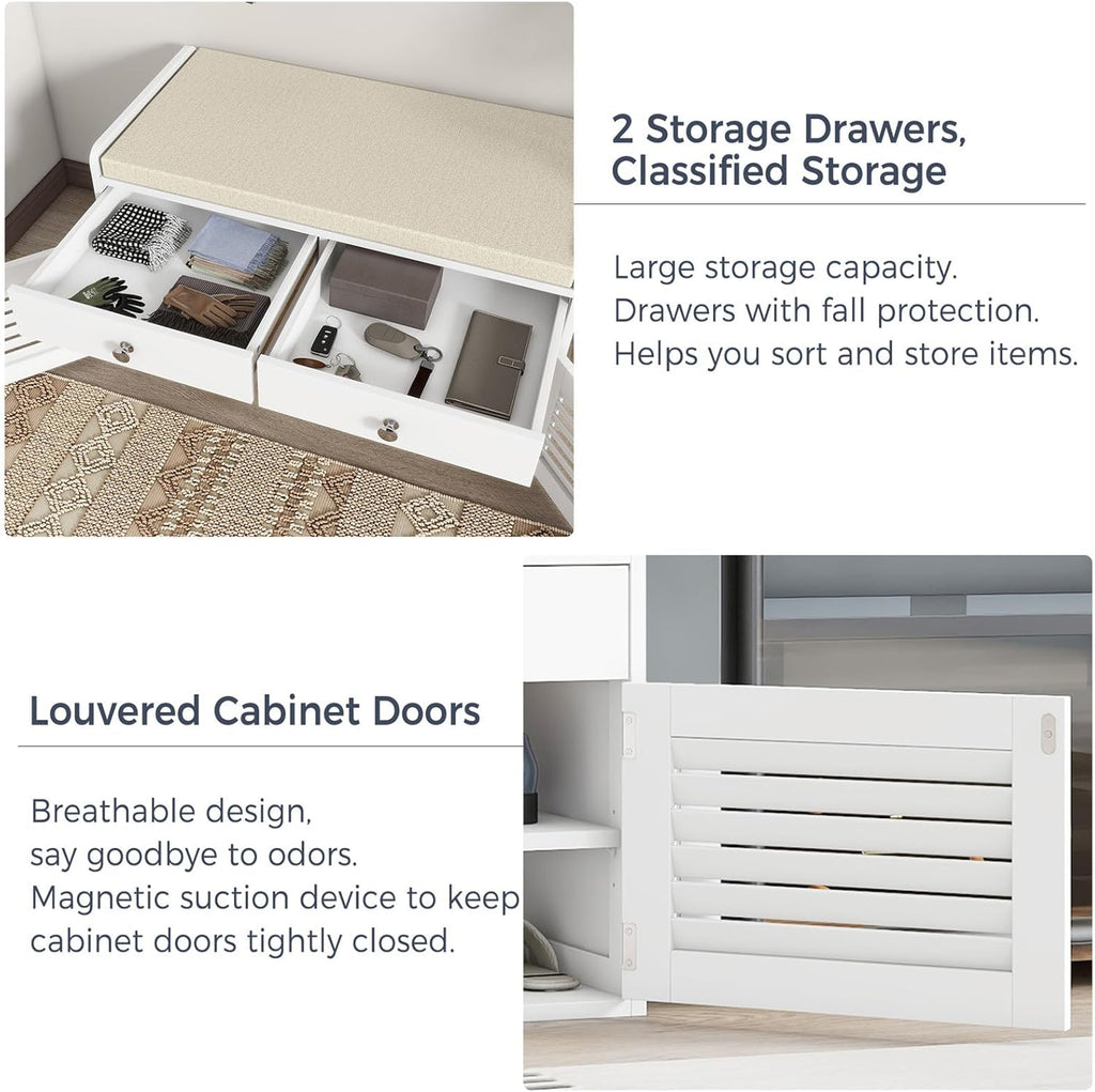 Shoe Storage Bench with 2 Drawers & 2 Doors, Entryway Bench with Cushion, 2 Adjustable Shelves, Shoe Cabinet for Entryway, Living Room, Hallway, Mudroom, Bedroom, White