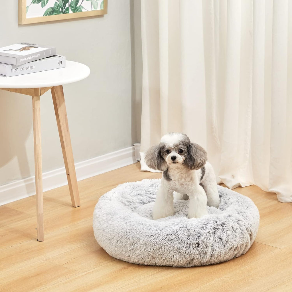 Bedfolks Calming Donut Dog Bed, 23 Inches Round Fluffy Dog Beds for Small Dogs, Machine Washable Anti-Anxiety Plush Puppy Bed（Light Grey, Small）