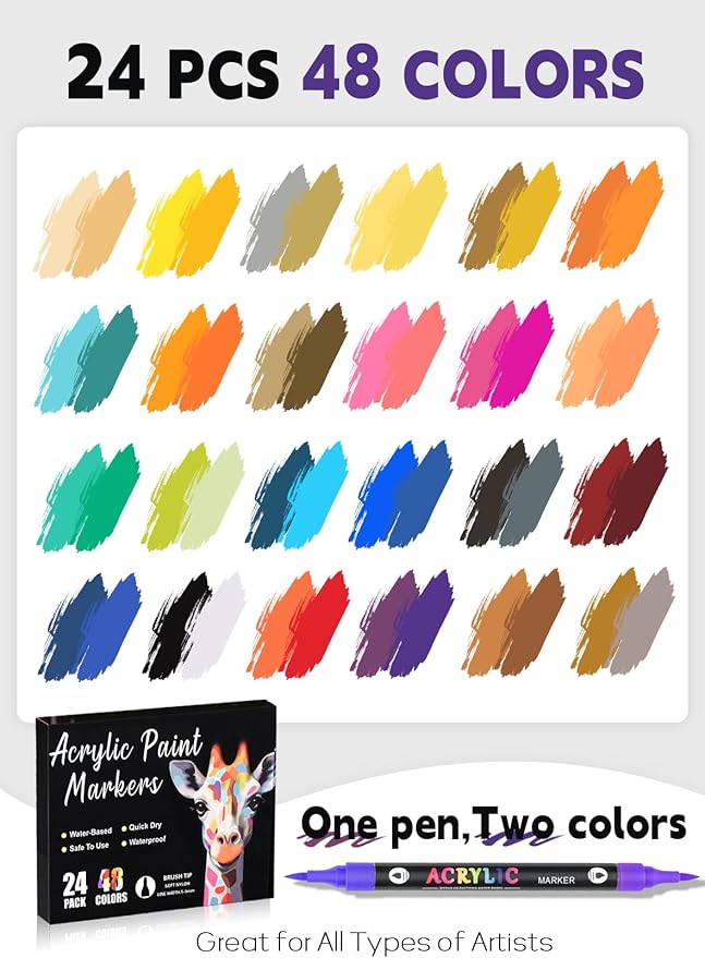 48 Colors Acrylic Paint Markers with 24 Dual-Color Brush Tips, Double Tips Acrylic Paint Pens for Rocks, Eggs, Wood, Rock, Canvas, Plastic, Glass, Ceramic