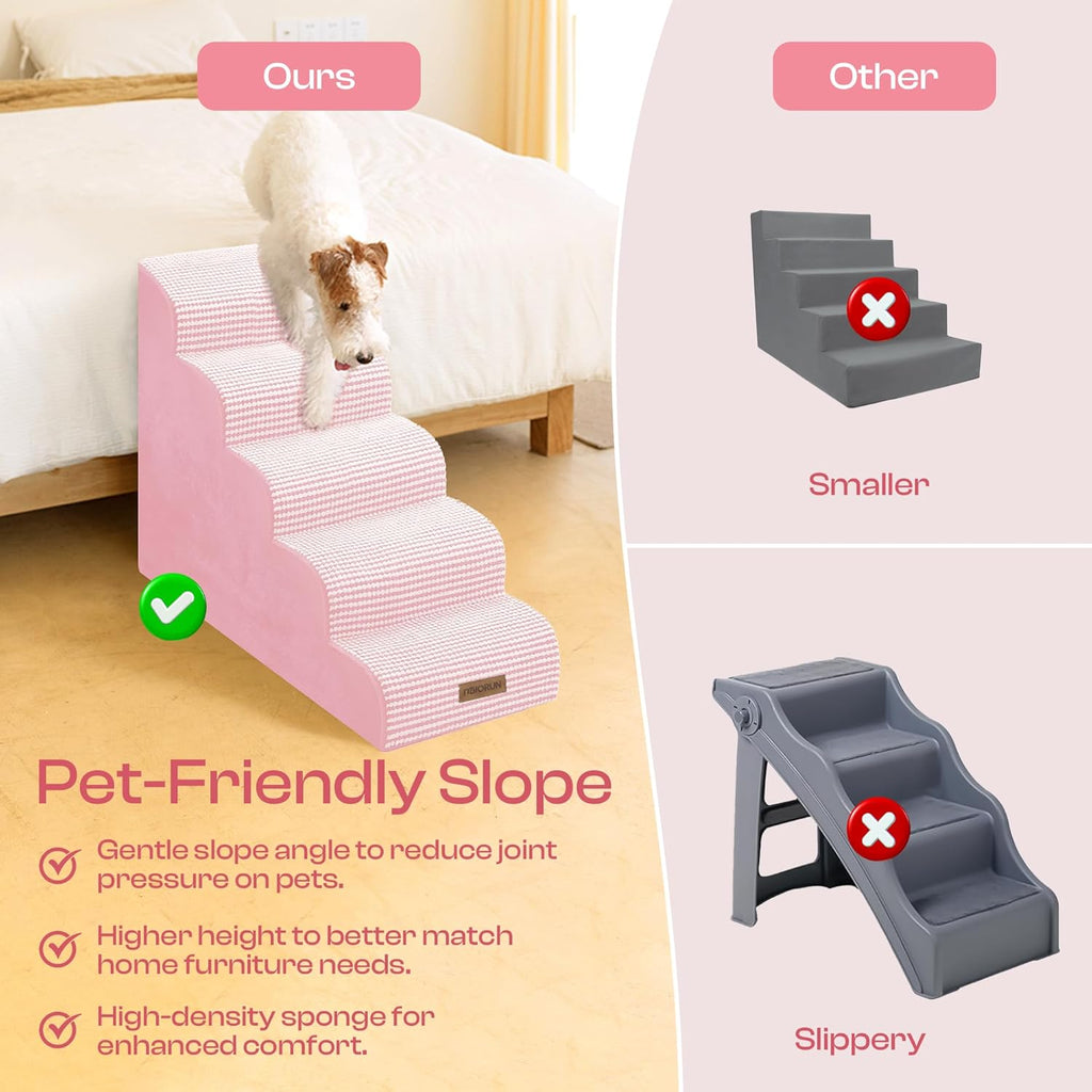 Curved Dog Stairs for High Bed Up to 26", 5-Step Dog Ramp for Small Dogs with Washable Cover, Non-Slip Steps for Cats to Get on Couch and Sofa, Durable Foam Ladder for Medium Breeds, White Pink