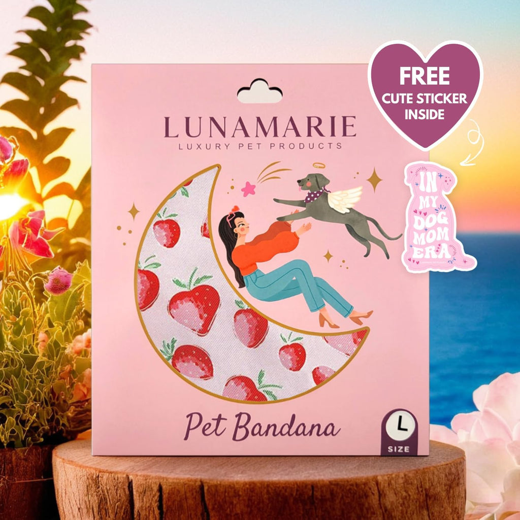 LunaMarie - Luxury Dog Bandanas - Cute Unique Designs | Premium & Silky Poly Fabric | 100% Handmade Custom Shape Dual Layered Small, Medium, Large Cat Scarf (Strawberry, Medium)