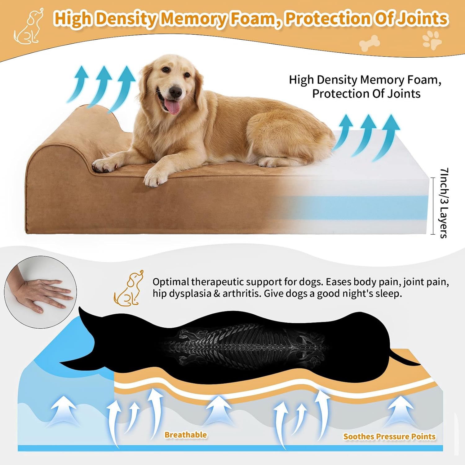 Large Orthopedic Dog Bed, 7" Memory Foam with Waterproof Liner, Chew Resistant Microsuede Cover, Removable and Washable, for Indoor, Outdoor, and Car Use, Nonskid Base, 52"x36" XL Khaki