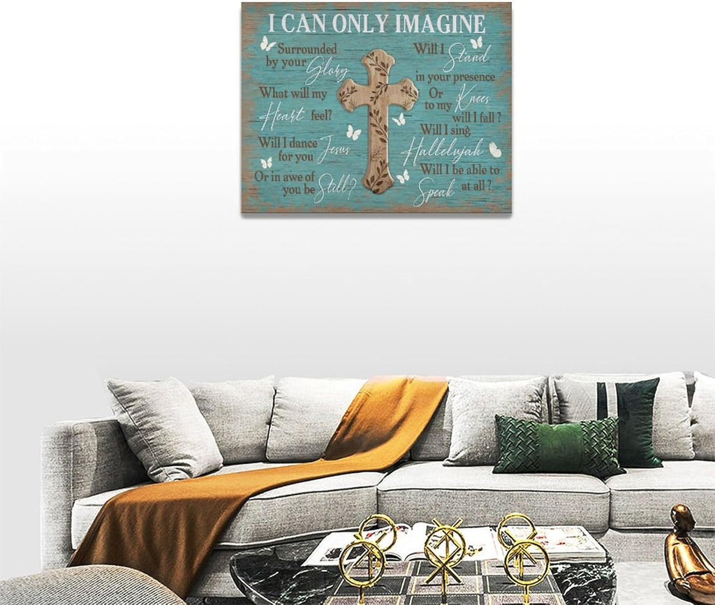 Rustic Christian Cross Wall Art I Can Only Imagine Pictures Farmhouse Butterfly Wall Decor Teal Motivational Canvas Print Painting Artwork for Bathroom Living Room Bedroom 12"x16"
