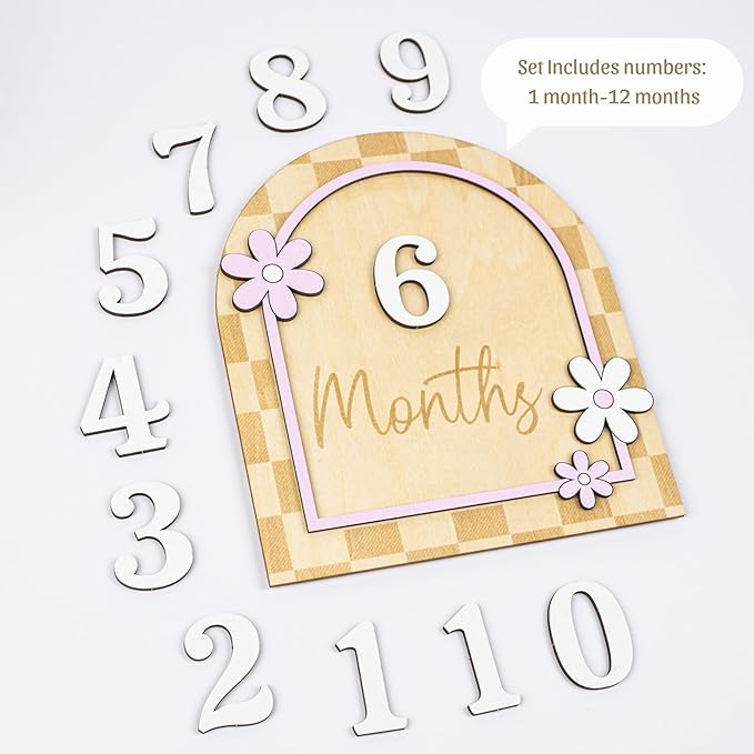 Daisy Flower Baby Monthly Milestone Cards - Wooden Monthly Milestone Double Sign - Newborn Photography Props to Document Your Baby´s Growth - Baby Announcement Sign (B10)