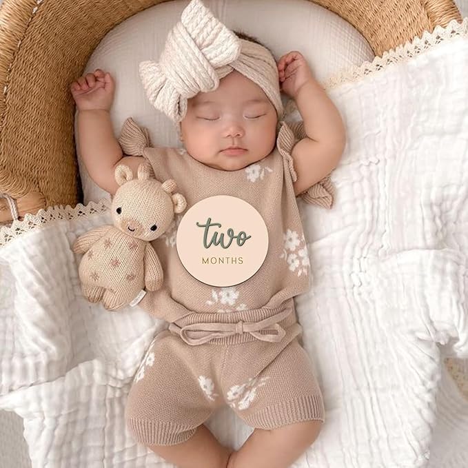 Monthly Baby Milestone Maker Discs, Baby Milestone Signs for Newborn Baby, Hello World Newborn Sign for Baby Girl & Boy, Baby Announcement Sign for 1-12 Month, Milestone Wooden Circles (Sage)