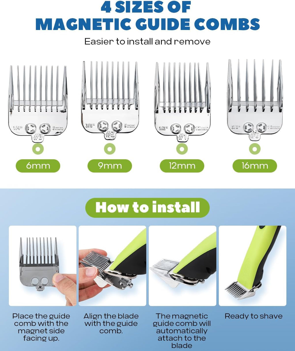 Cordless Horse Clippers, Professional Pet Grooming Clippers, 2 Speed Pet Trimmer with 4 Magnetic Guide Comb, Detachable Blade, Low Noise< 50db for Horse,Pony,Cat,Dog,Goat