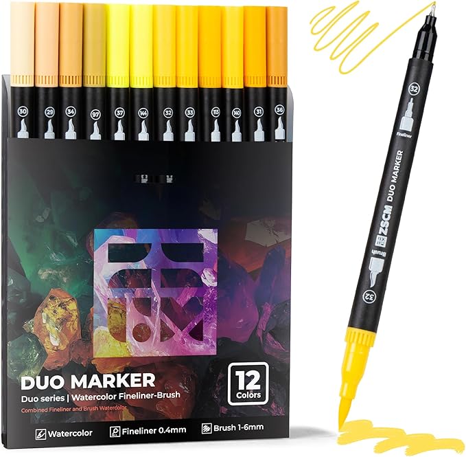 Yellow Duo Tip Marker Pens, 12 Pack Fine & Brush Markers for Adult Coloring Books No Bleeding, Sunshine Yellow Markers for Summer Themes, Sunflower Art, Energetic Accents and Happy Doodles