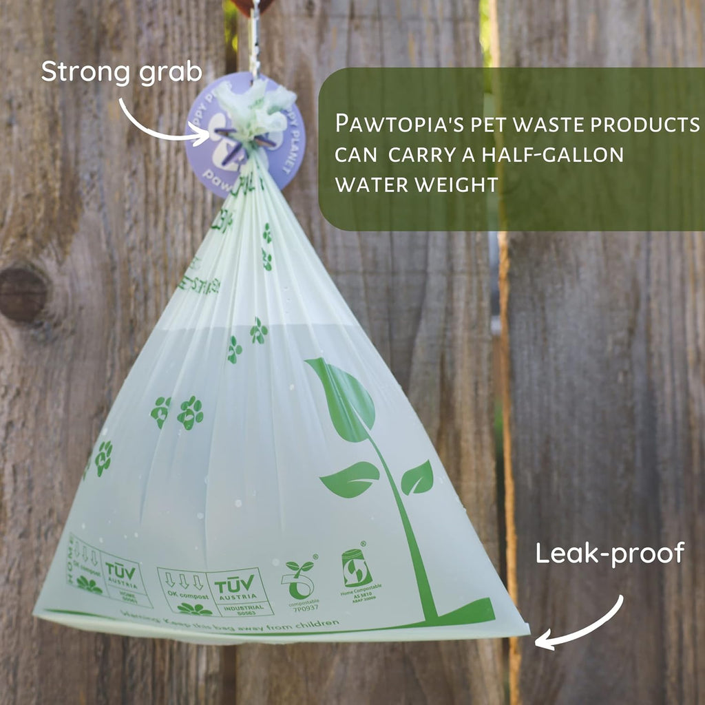 Pawtria Certified Home Compostable Dog Poop Bags (120) + Pink Poop Bag Carrier, Biodegradable Poop Bags, Vegetable Starches, Leak proof Dog Waste Bags, Light-weight silicone made bag carrier