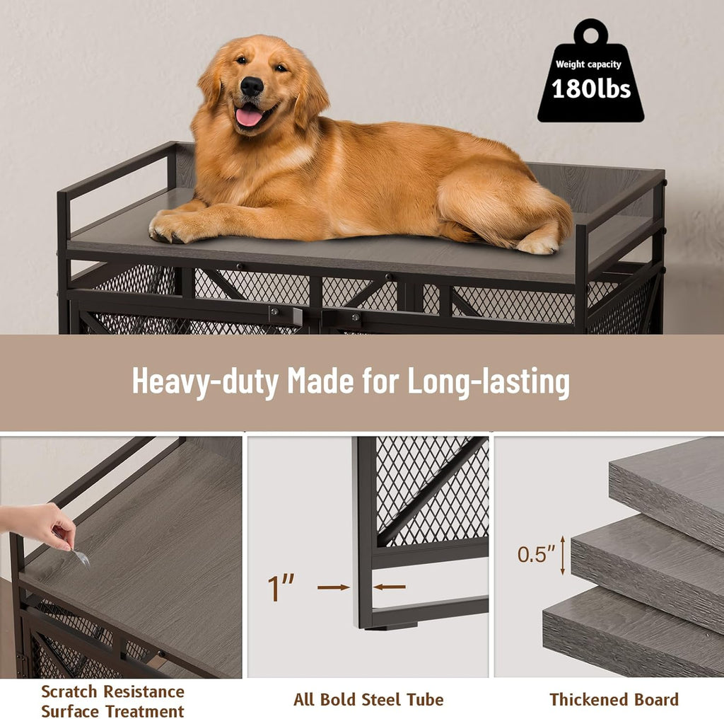 COZPAW Large Dog Crate Furniture, 48 Inch Wooden Dog Kennel for XLarge Dogs, Heavy Duty Dogs Furniture Indoor Wire Dog Cage with Caster Wheels,Decorative Pet House End Table, Textured Gray