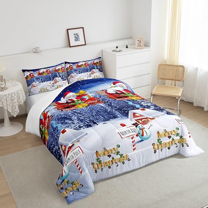 Feelyou Kids Christmas Bedding Set Xmas Santa Claus King Size Comforter Set for Boys Girls Merry Christmas Warmth Comforter Galaxy Blue Decor Quilt Collection 3Pcs