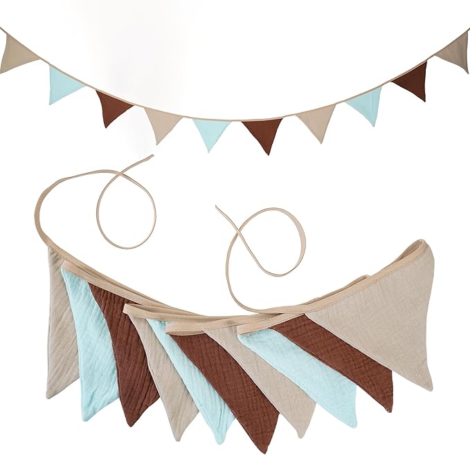 Fabric Bunting Banner, 2 Pack Handmade Neutral String Banner Each 8.5 ft 10 Flags Nursery Wall Hanging Wedding Birthday Home Baby Shower Party Decoration Bunting (Coffee Blue)