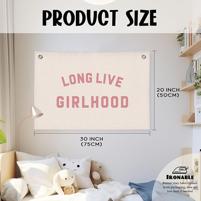 Long Live Girlhood Banner, Girls Baby Nursery Decor, Toddler Girl Room Decor, Pink Girls Room Wall Decor, 30x20 Inch Linen Wall Hanging Canvas Banner Flag - Pink