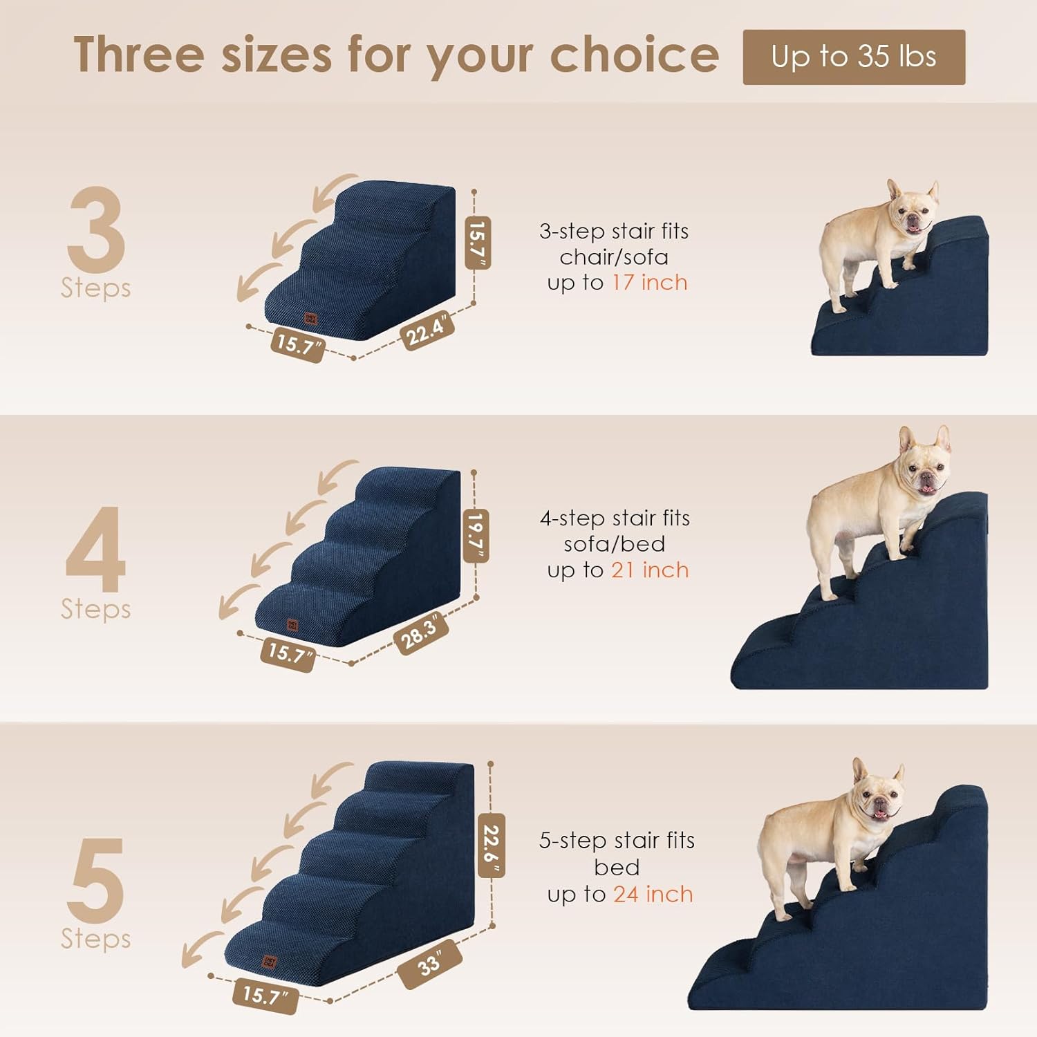 EHEYCIGA Curved Dog Stairs Ramp for Small Dogs 15.7" H, 3-Step Dog Steps for Couch Sofa and Chair, Pet Stairs for Cats, Non-Slip Balanced Pet Steps Indoor, Navy