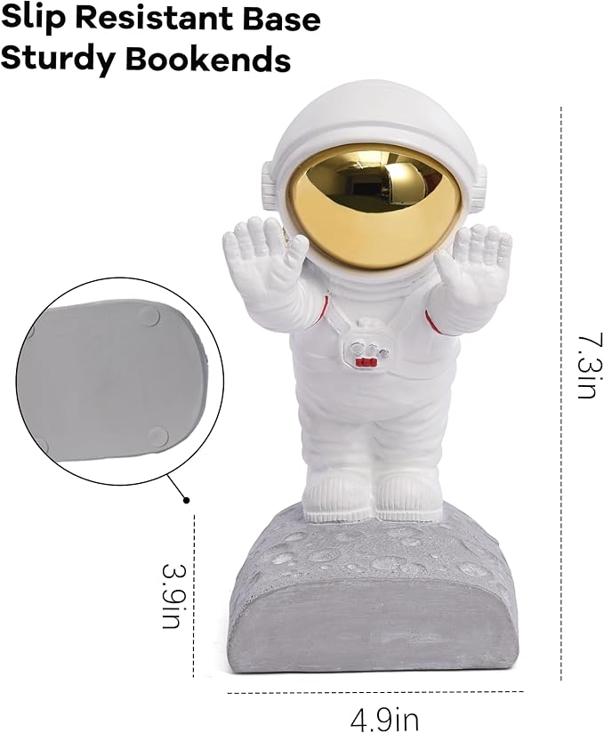 Decorative Space Theme Bookends - Astronaut Resin Bookends with Anti-Slip Base - Sturdy, Fun & Unique Book Holders for Heavy Books (Gold)