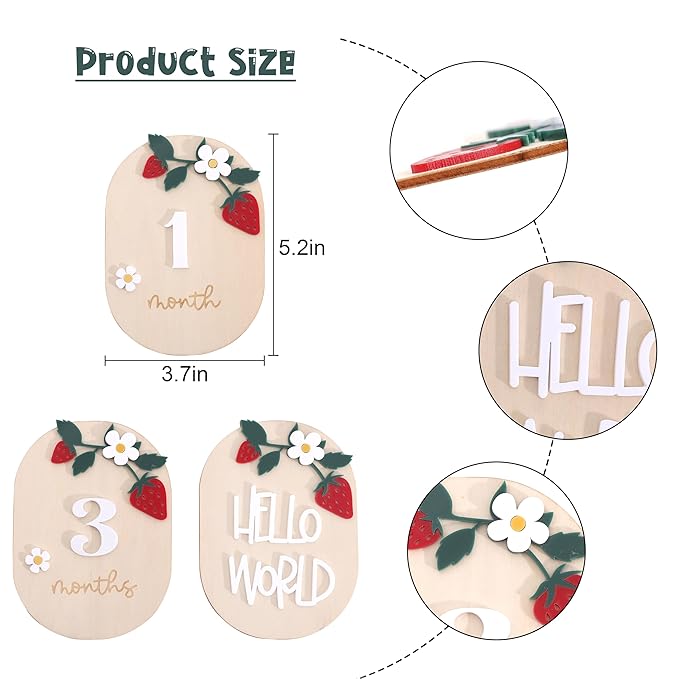 Strawberry Monthly Milestone Cards – Berry Sweet Baby Photo Props, Wooden Newborn Welcome Sign, 3 PCS Wooden and Acrylic Monthly Milestone and Hello World Boards, Month Growth Markers