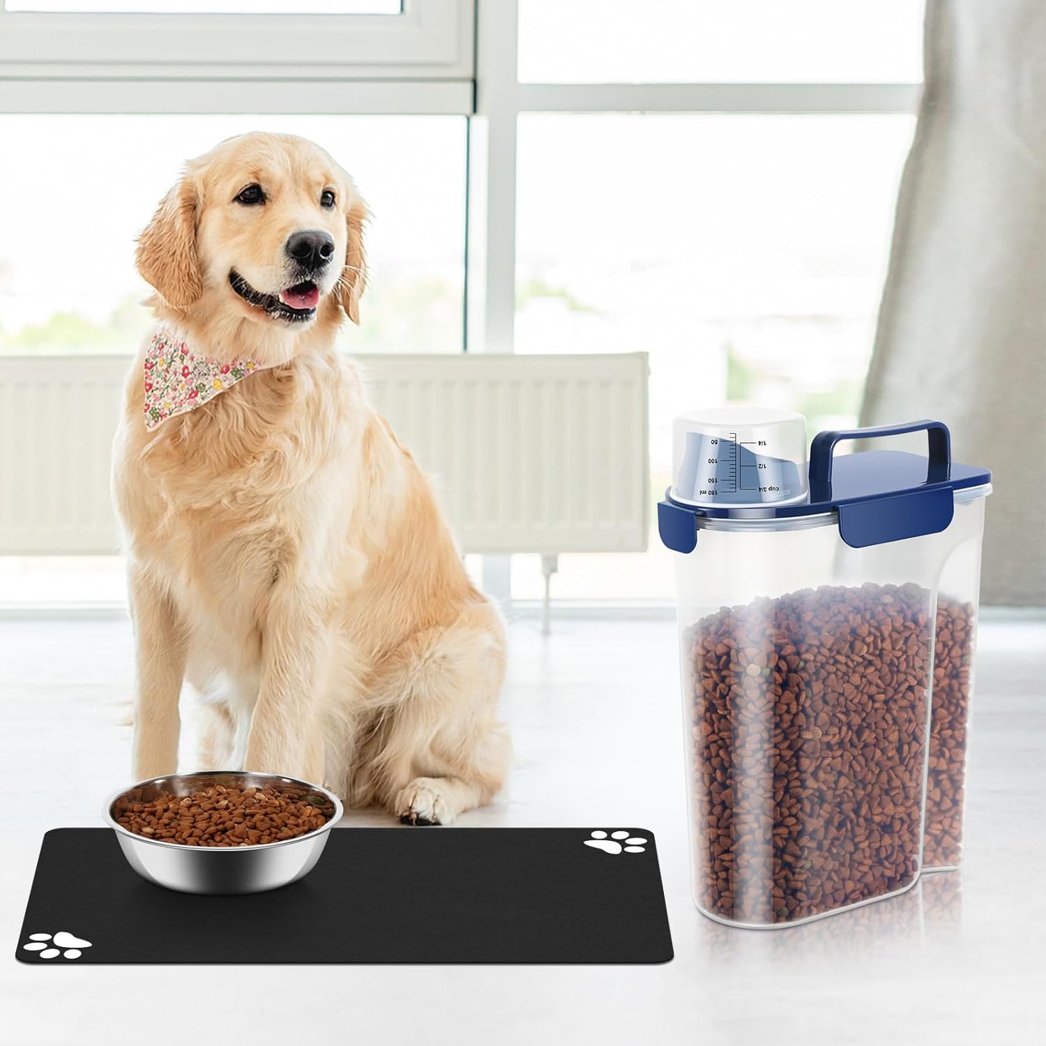 5-7Lbs Portable Airtight Dog Cat Food Container, Match Pet Feeding Mat Clean and Convenient, Making Food Less Messy, Translucent Storage Bin for Small Animal Kibble, Bird Seed, Oatmeal-Blue
