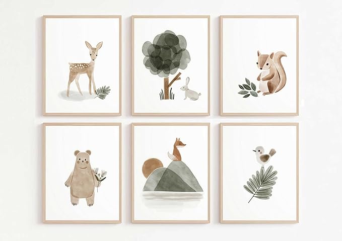 6 Pieces Woodland Nursery Canvas Wall Art Neutral Sage Green Bohemian Minimalist Forest Animals Paintings Pictures Wall Decor Poster Print Artwork For Kids Room Baby Room Boys Girls Bedroom Frameless