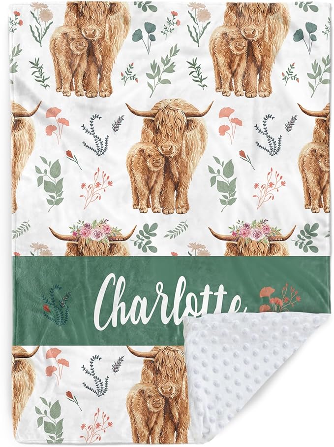 Personalized Baby Name Blanket for Boy Girl, Soft Flannel Blanket with Double Layer Dotted Backing for Infant Newborn, Nursery Crib with Floral Highland Cow Design, Gifts for New Mom(30”x40)