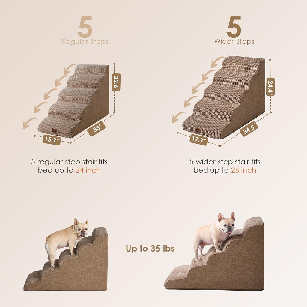 EHEYCIGA Curved Dog Stairs Ramp for High Beds, 5-Step Extra Wide Dog Steps for Small Dogs and Cats, Pet Stairs for High Bed Climbing, Non-Slip Balanced Pet Step Indoor, Camel