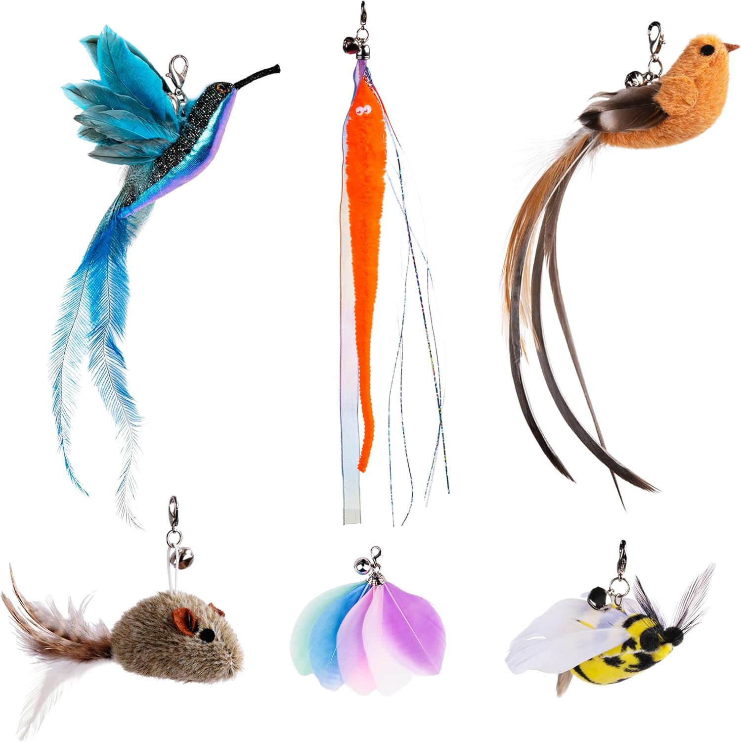 JXFUKAL Cat Feather Toy Refills, 6Pcs Simulation Bird Mouse Bee Worm Feather Cat Lures Wand Attachment Replacement for Kitty Kitten Indoor Cats Accessories