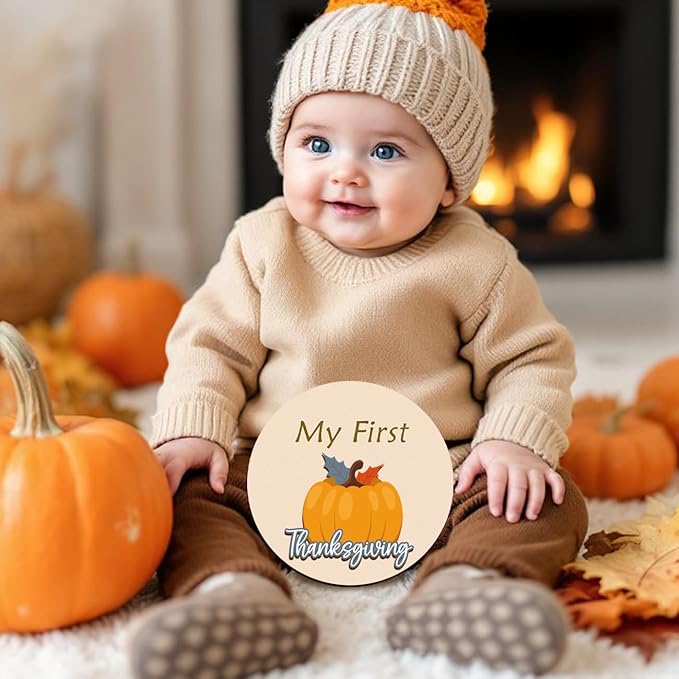 Monthly Baby Milestone and First Holiday Signs, Wooden Baby Months Disc Set 1-12, Hello World Newborn Announcement Props (Blue)