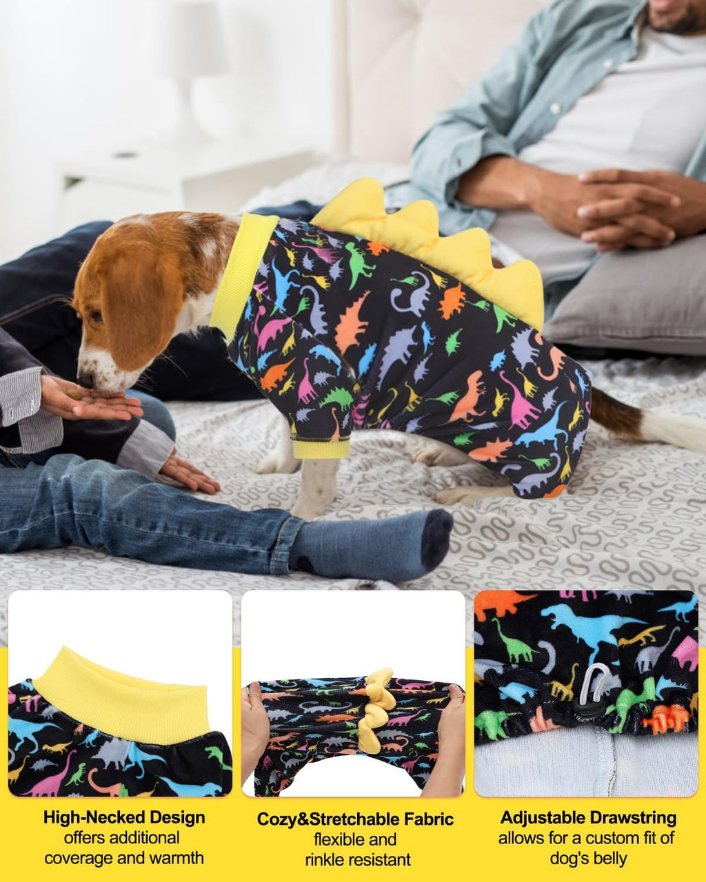 CuteBone Dinosaur Costume Dog Pajamas, Stretchy Spandex Crystal Velvet Sleepwear Coat for Small Dogs, Soft & Warm Pet Outfit Clothes for Cold Weather, Cozy Pullover Design COSP01M