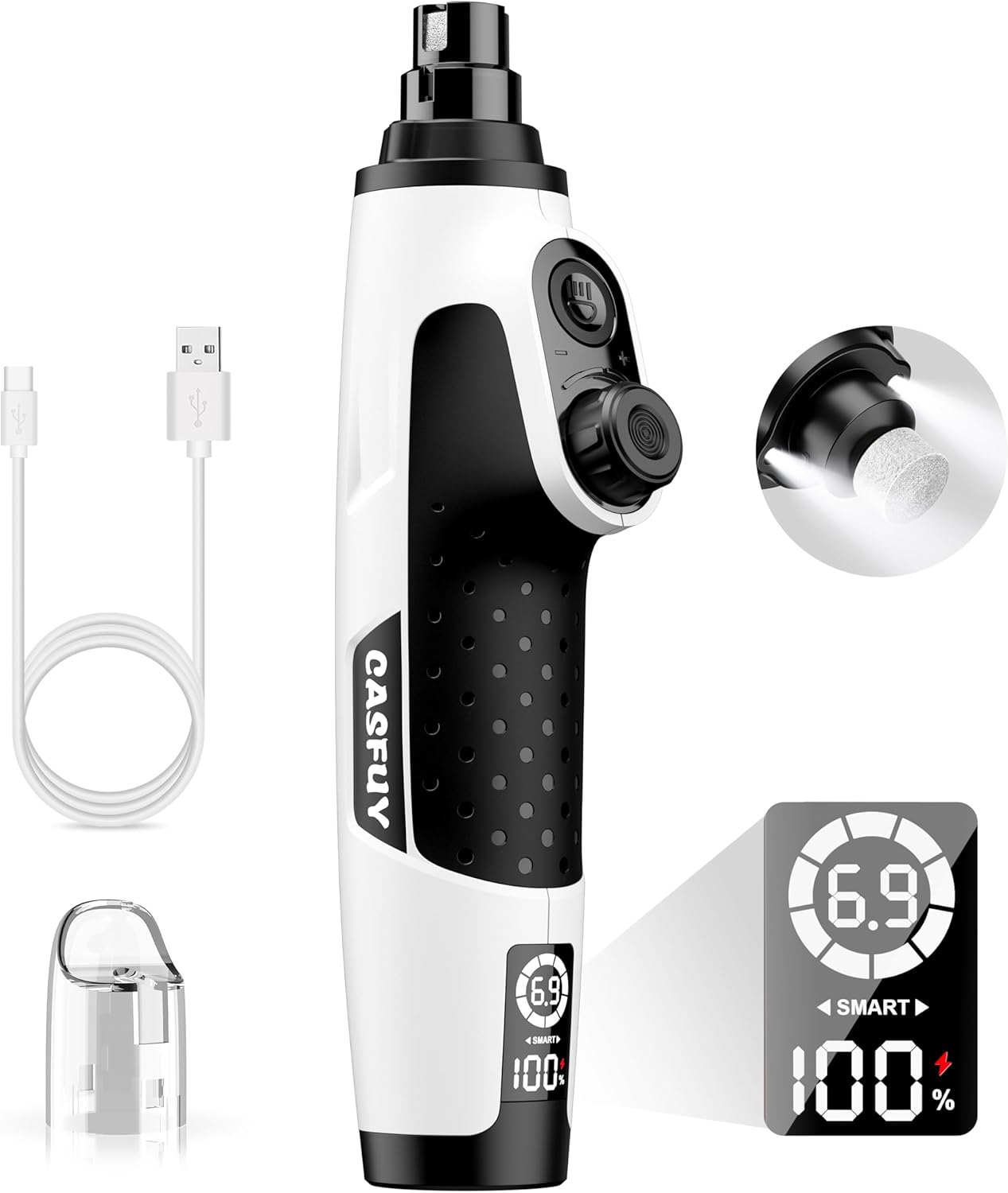 Casfuy Smart 6-Speed Dog Nail Grinder - 50% More Power Pet Nail Grinder with 2 LED Lights Quiet Rechargeable Electric Dog Nail Trimmers File Toenail Grinder for Large Medium Small Dogs & Cats (White)
