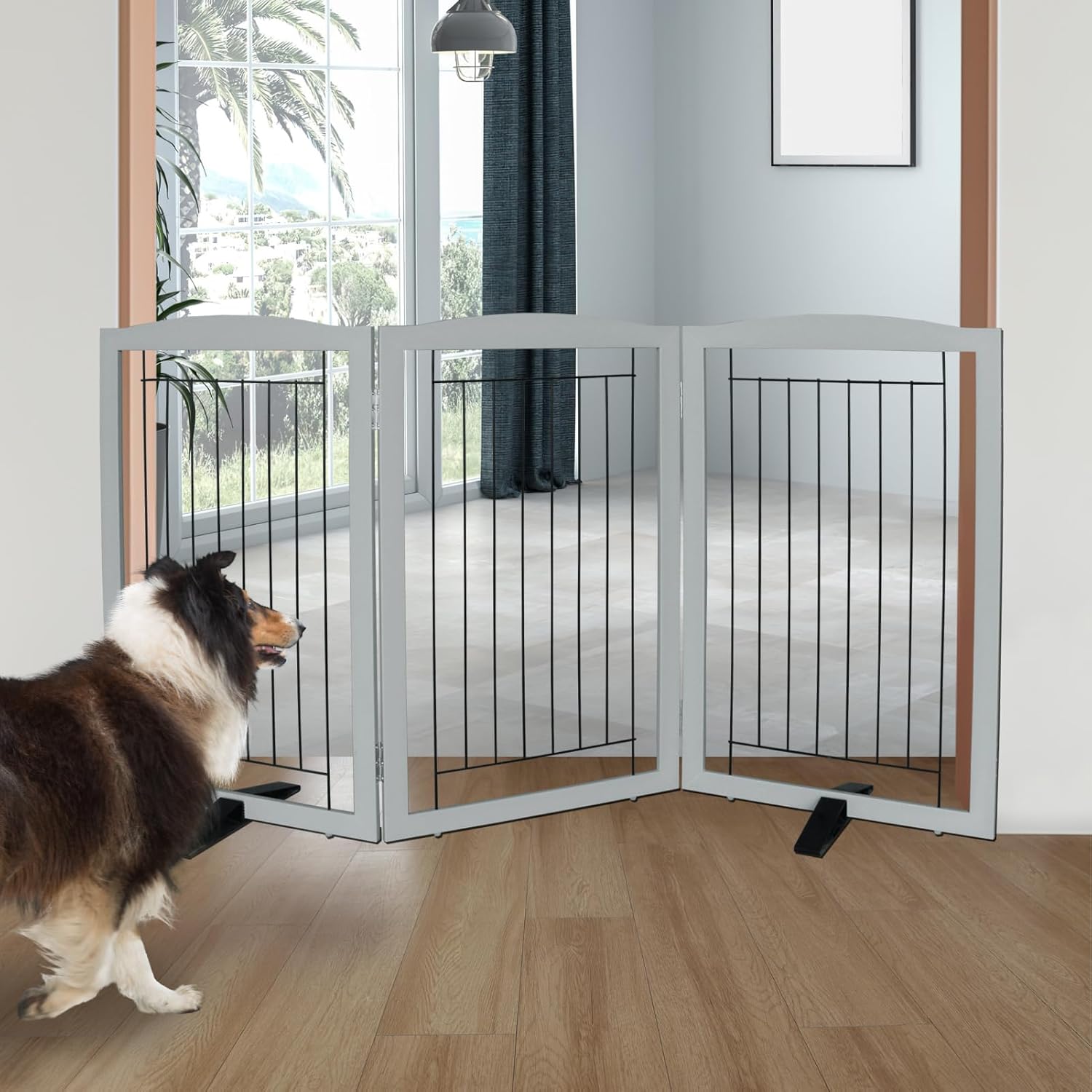 ZJSF Freestanding Dog Fence Indoor, Foldable Dog Gate for Doorways, Stairs or Hallways, Sturdy Wood Extra Wide Pet Gate with Support Feet for The House, Grey, 32 "Height-3 Panels