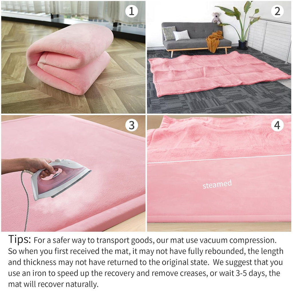 Baby Play Mat for Floor,1.3" Thick Elasti-Foam 50x50 Playpen Mat for Toddlers Infant Kids,Water-Repellent Soft Coral Velvet Tummy Time Mat,Non Slip Crawling Mat,Tatami Mat(Pink)