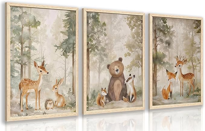 Cyebmo Woodland Animals Wall Art Set of 3, Baby Boy Wild Forest Animals Wall Decor, Deer Bear Fox Canvas Painting, Neutral Aesthetic Pictures for Kids Room Benroom Nursery Wood Framed 16"x24"x3