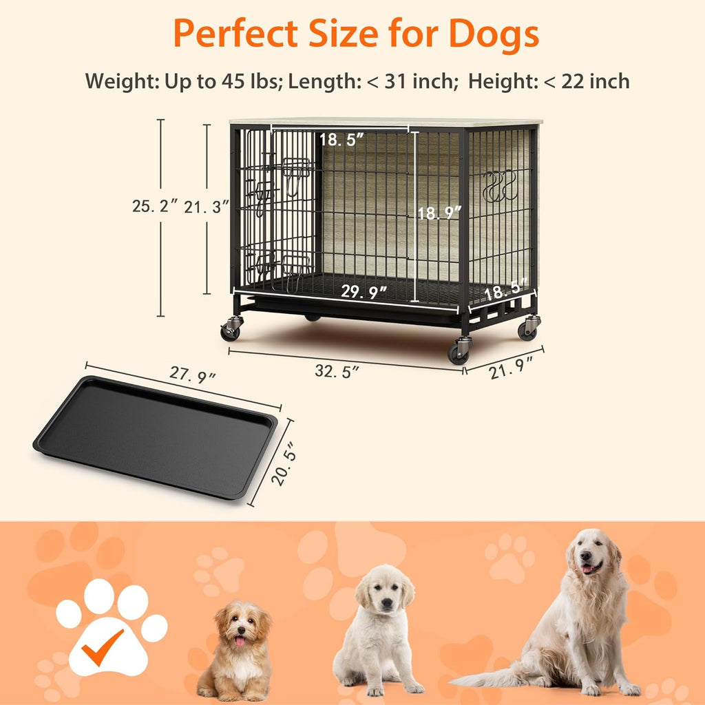 Dog Crate Furniture, 32.5" Wooden Dog Crate Furniture Side End Table, Indoor Kennel with Double Doors, Dog Crates for Medium Dogs, Grey