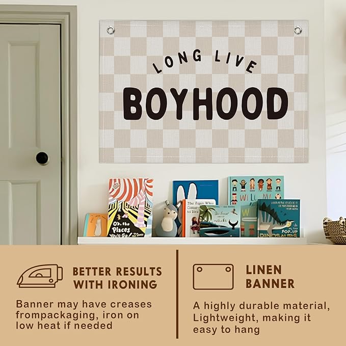 Lacama Long Live Boyhood Boys Room Decor, Linen Banner Wall Hanging Banner Flag Decor for Toddler Boy Room Nursery, Wall Hanging Flag 30x20 Inch