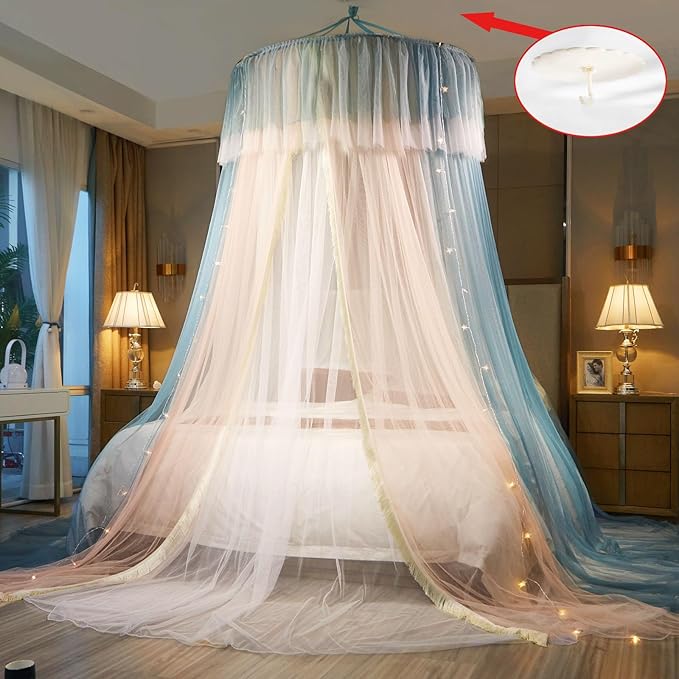 AIKASY Princess Bed Canopy for Girls & Adults, Elegant Double-Layer Bed Curtain, Children's Dream Round Lace Mosquito Net - Fits Twin, Full, Queen, and King Beds(Blue/Pink/White)