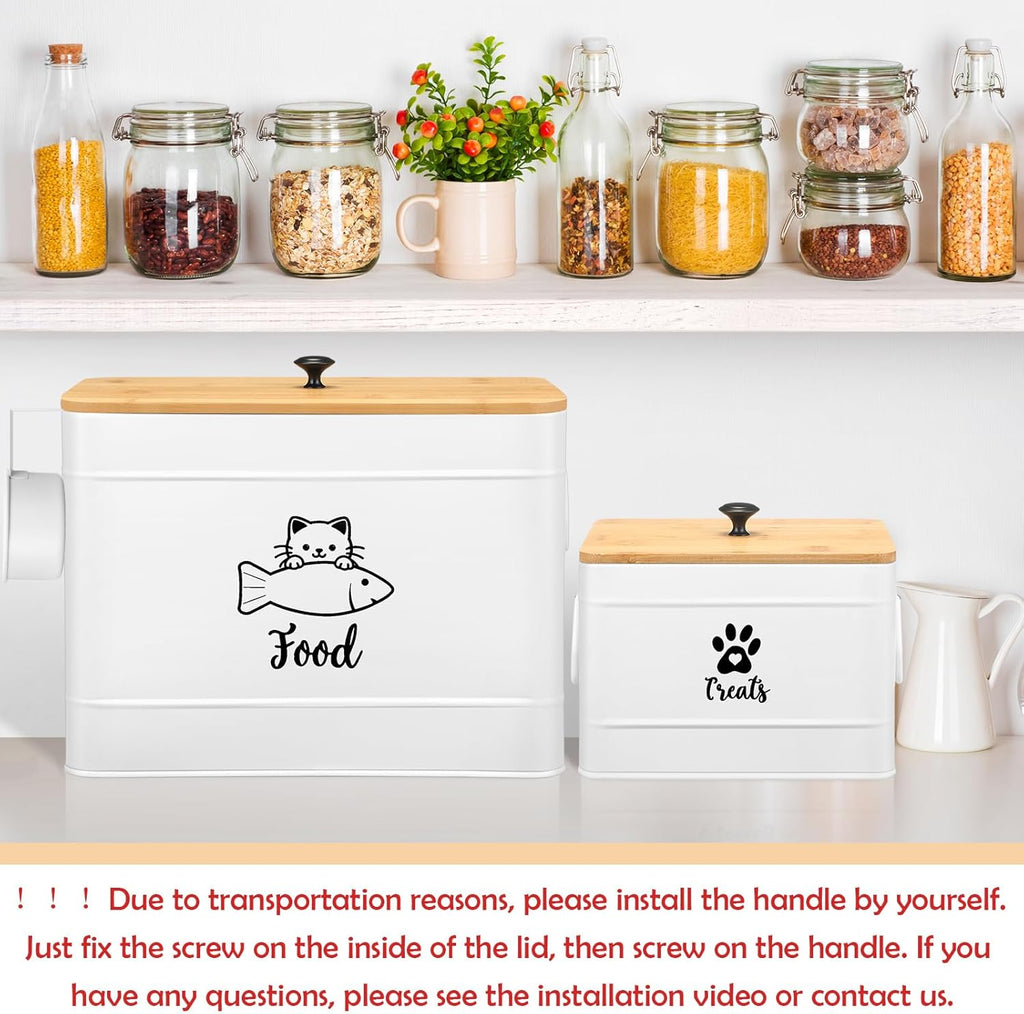Extra Large Metal Cat Food Containers Airtight 12+3.5 lbs Cat Treat Snack Jars Set of 2 with Bamboo Lids and Spoons Farmhouse Big Pet Cookie Storage Jars for Kitchen Counter Gifts(White)
