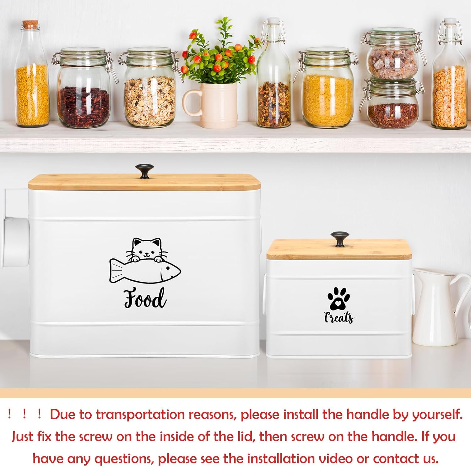 Extra Large Metal Cat Food Containers Airtight 12+3.5 lbs Cat Treat Snack Jars Set of 2 with Bamboo Lids and Spoons Farmhouse Big Pet Cookie Storage Jars for Kitchen Counter Gifts(White)