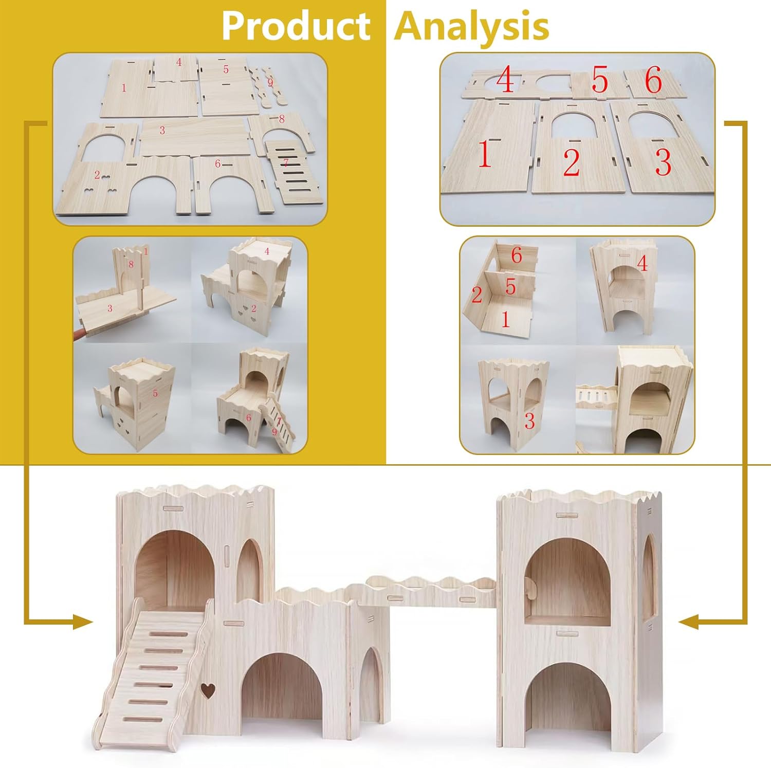 Large Wooden Hamster House Castle with Double Decker,Large Hamster, Wooden Hamster Houses,Dwarf Hamster Habitat Hideout with Climbing Ladder,Large Guinea Pig Castle Detachable Hideouts(B)