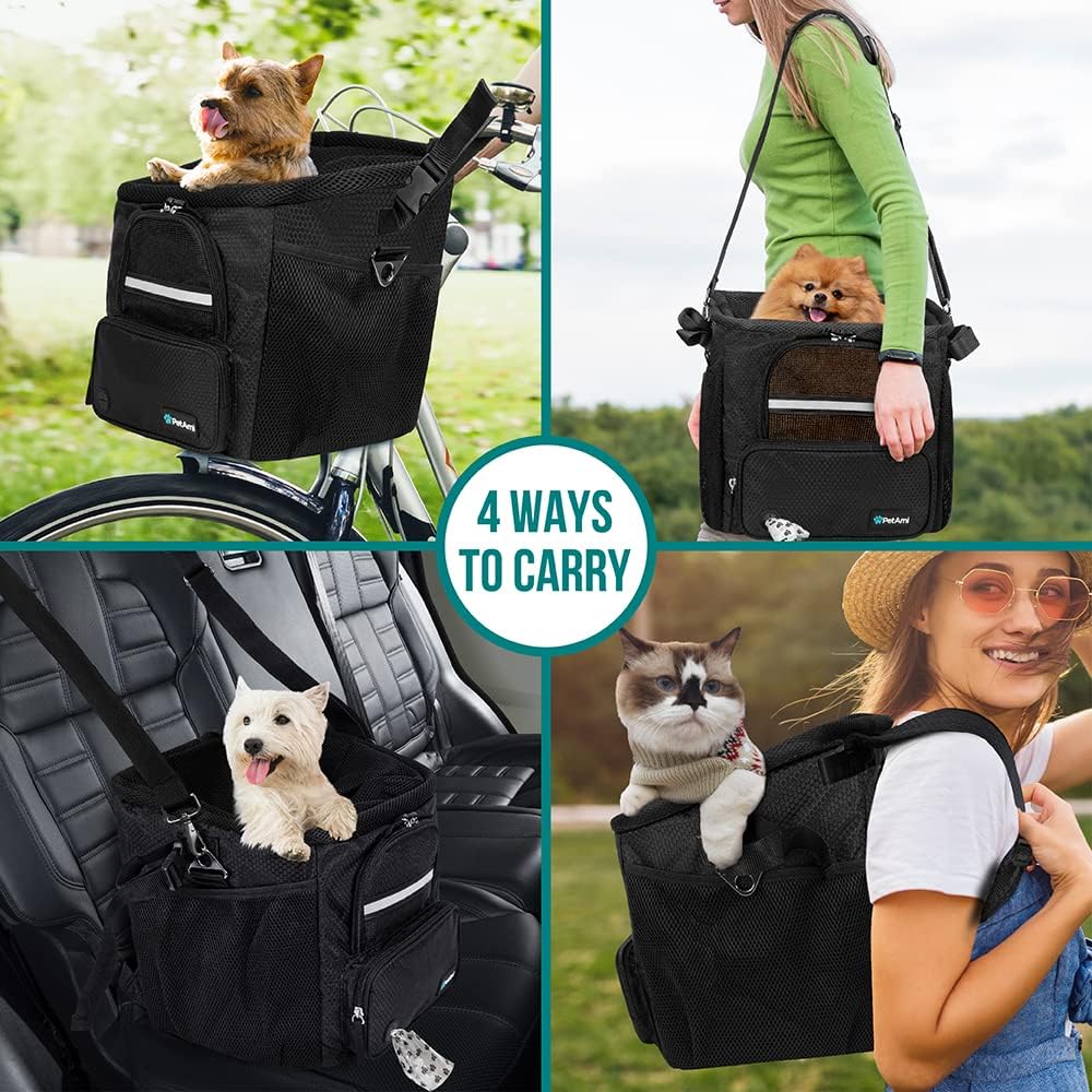 PetAmi Dog Bike Basket, Soft-Sided Ventilated Dog Bike Carrier Backpack, Pet Bicycle Basket for Bike Handlebar, Small Medium Puppy Cat Kitten Car Booster Seat with Safety Strap, Max 18 lbs, Black