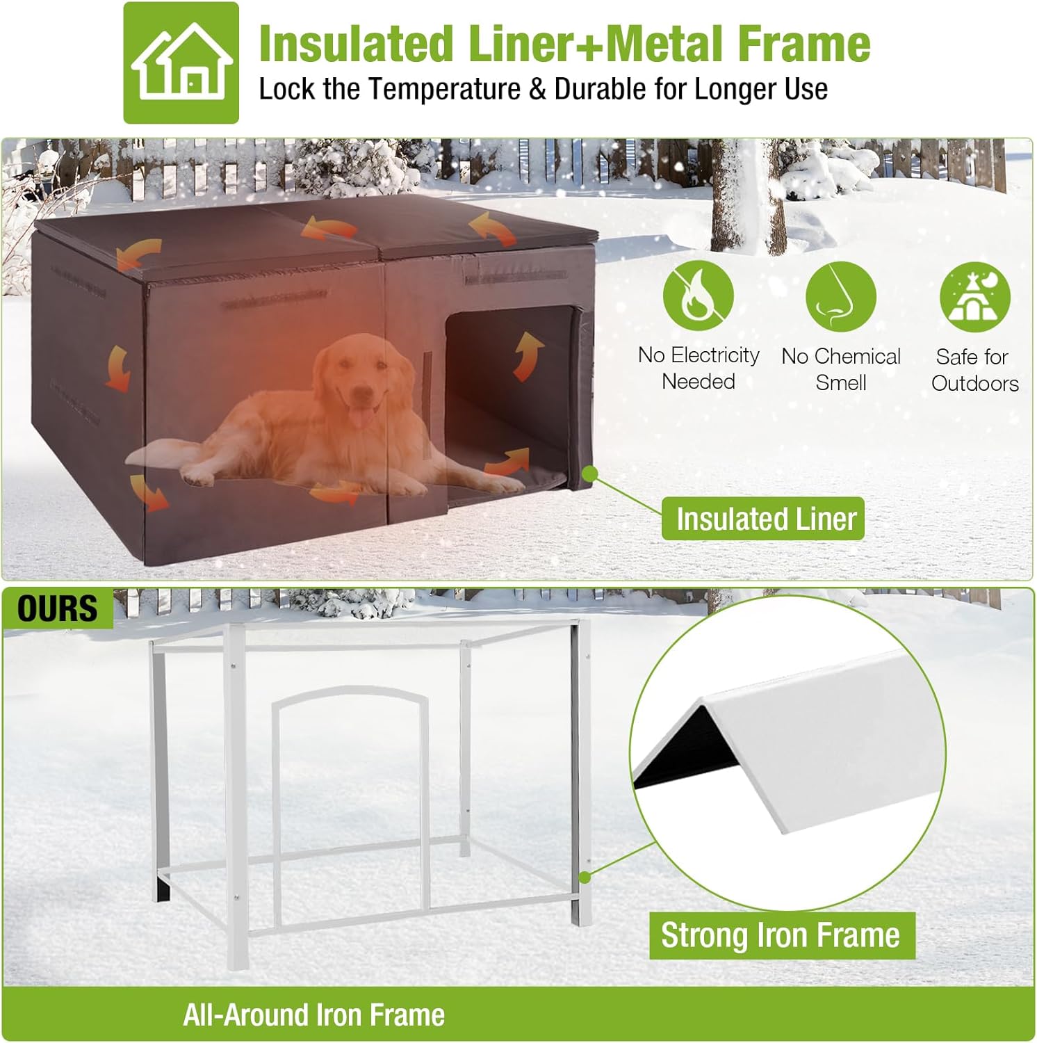 GUTINNEEN Large Insulated Dog House for Winter Outdoor Dog Kennel with Anti-Chewing Metal Frame for Medium to Large Dogs,Grey and White