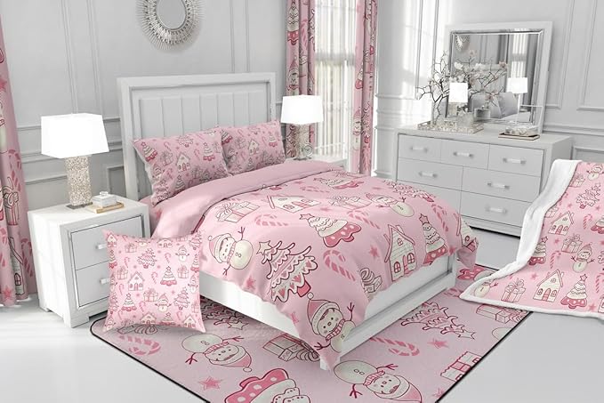 Feelyou Pink Christmas Comforter Set Toddler Size Xmas Tree Snowman Bedding Set for Kids Boys Girls Star Gift Duvet Quilt Candy Cane Bedroom Decor Microfiber 2 Pcs with 1 Pillow Cases