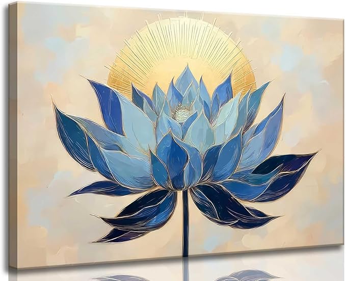 Zen Canvas Wall Art Abstract Blue Lotus Flower Boho Sunrise Gold Sun Spiritual Painting Pictures Wall Decor Poster Print Artwork for Office Yoga Room Spa Room Meditation Room Home Decoration