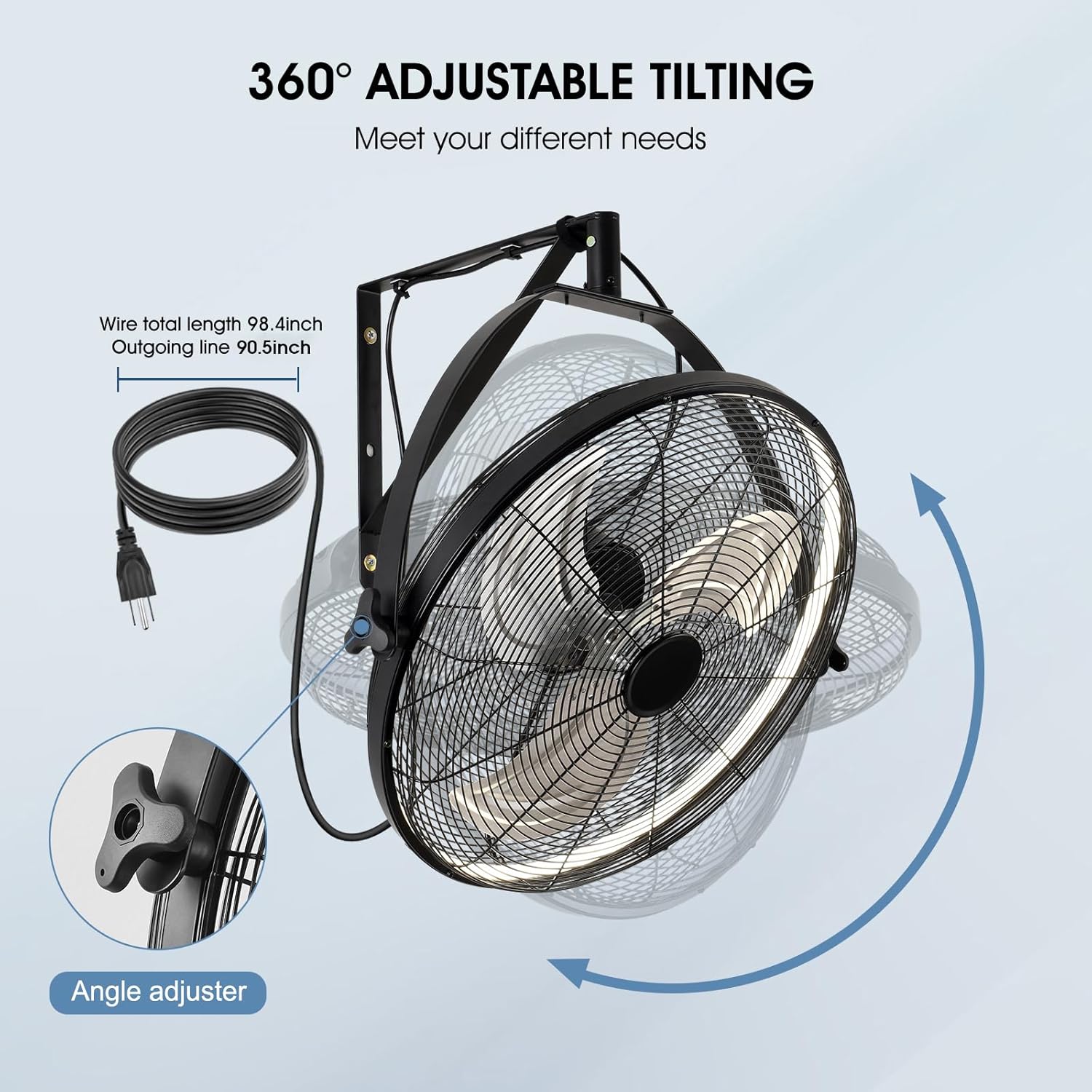 16 inch Wall Mount Fan with Lights and Remote,6-Speed Gazebo Ceiling Fan Adjustable Tilt Dimmable Wall Fan,High Velocity Industrial Outdoor Fans for Patio,Garage,Commercial,Black