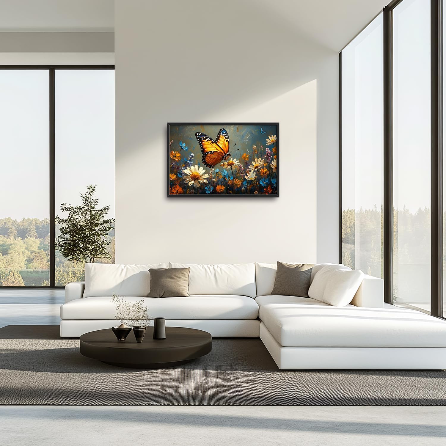 Large Butterfly Daisy Wall Art for Living Room, Floral Landscape Canvas Oversized Wall Decor, Flower Scenery Aesthetics Framed Pictures Painting Print Artwork for Bedroom Office 36"L x 24"W